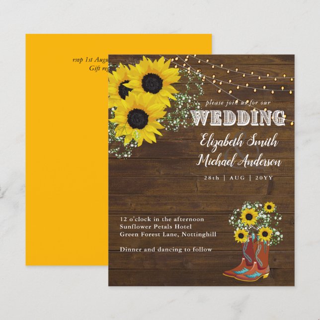 Papier BUDGET Rustique Tournesol Cowboy Boot Wedding Invi (Devant / Derrière)
