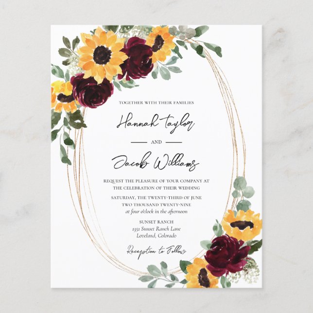 Papier Budget Rustique tournesol et mariage Rose Invitati (Devant)