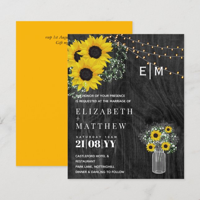 Papier BUDGET Rustique Tournesols Gypsophila Mariage Invi (Devant / Derrière)