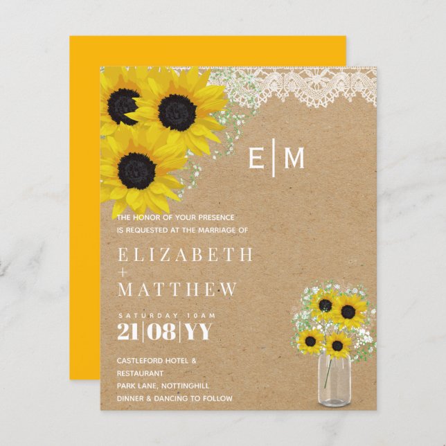 Papier BUDGET Rustique Tournesols Gypsophila Mariage Invi (Devant / Derrière)
