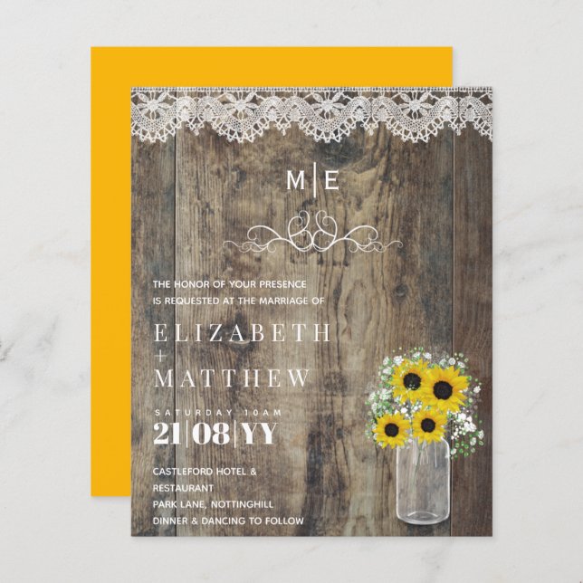 Papier BUDGET Rustique Tournesols Gypsophila Mariage Invi (Devant / Derrière)