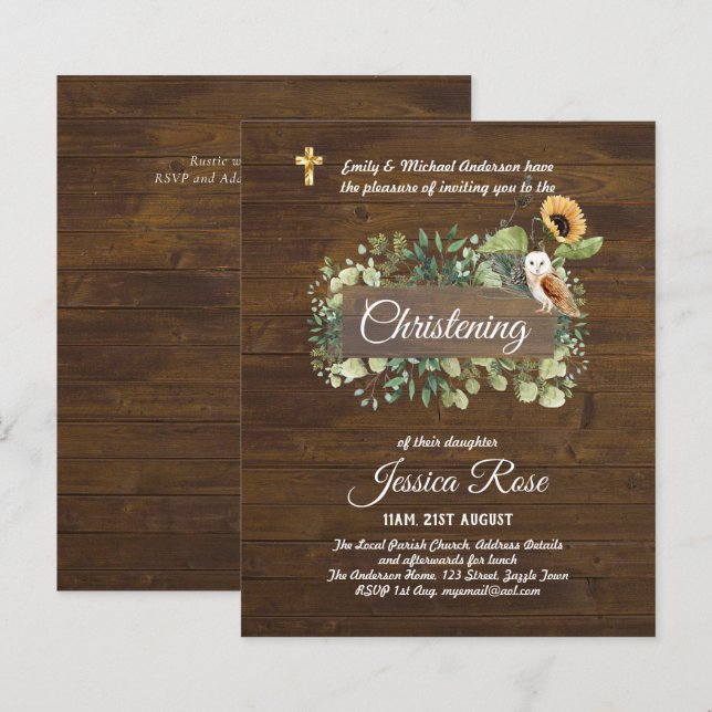 Papier BUDGET Rustique Woodland Christening Invitation Ba (Devant / Derrière)
