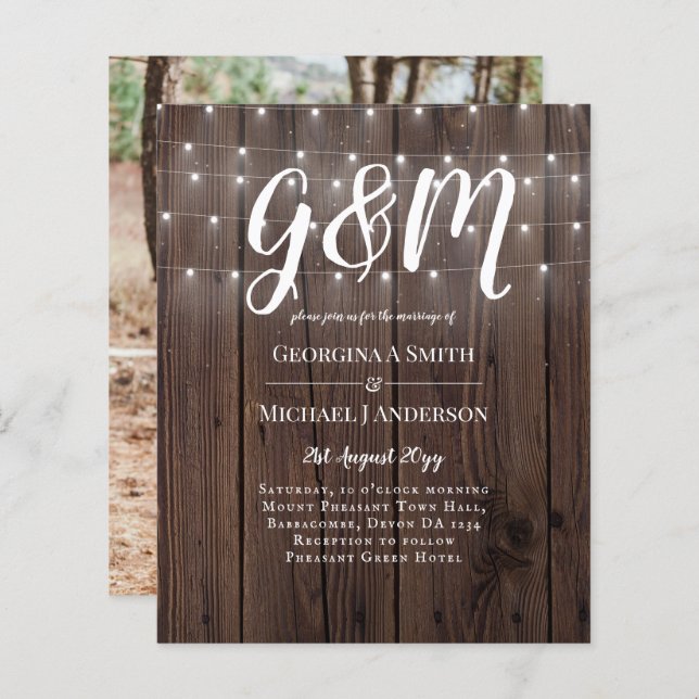 Papier BUDGET Rustique Woodland Lumières Mariage Invite (Devant / Derrière)