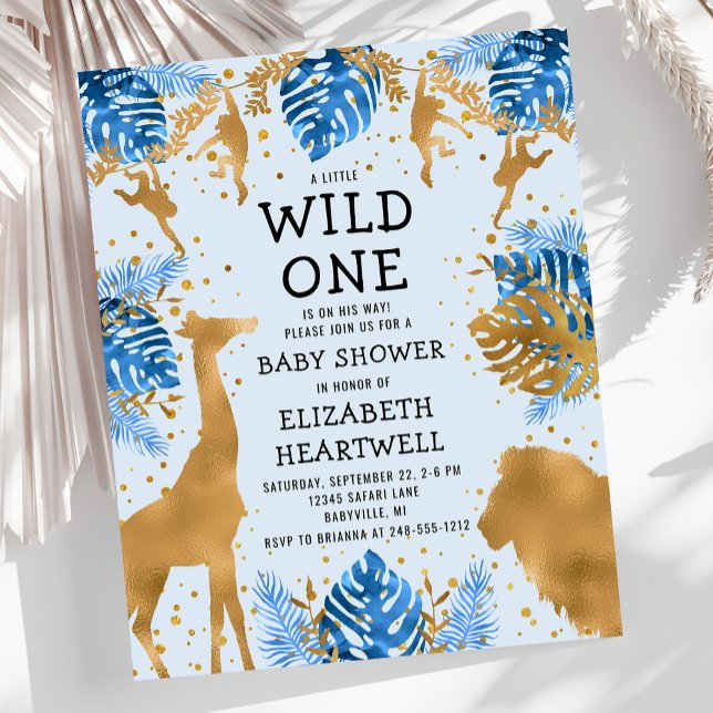 Papier Budget Safari Blue Gold Boy Baby shower Invitation (Créateur téléchargé)
