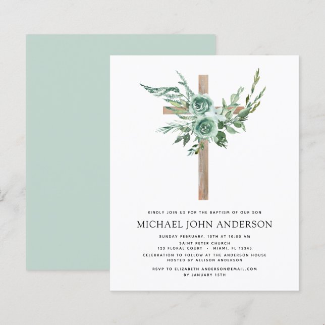 Papier Budget Sage Eucalyptus Baptême Vert Invitation (Devant / Derrière)