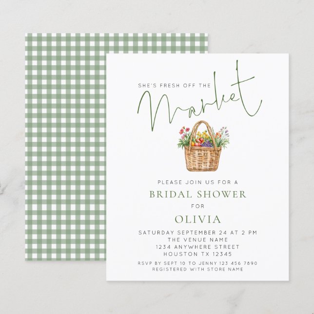 Papier Budget Sage Gingham She’s off Market Bridal Shower (Devant / Derrière)