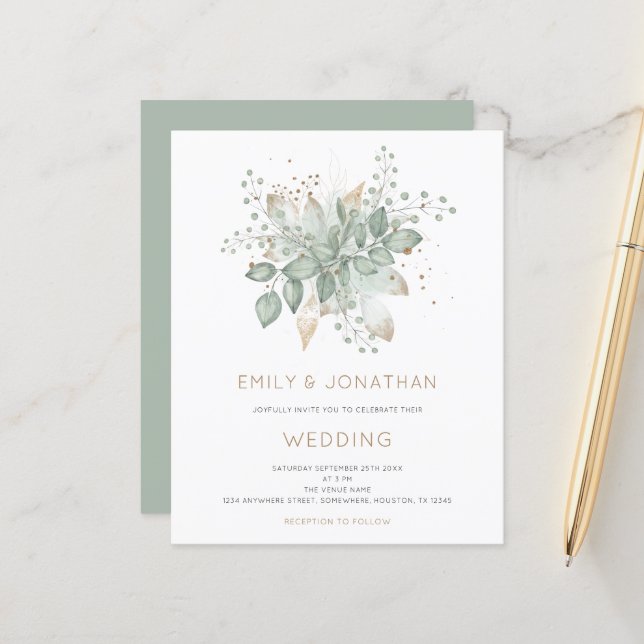 Papier Budget Sage Green Gold Foliing Faire-part de maria (Devant/Arrière en situation)
