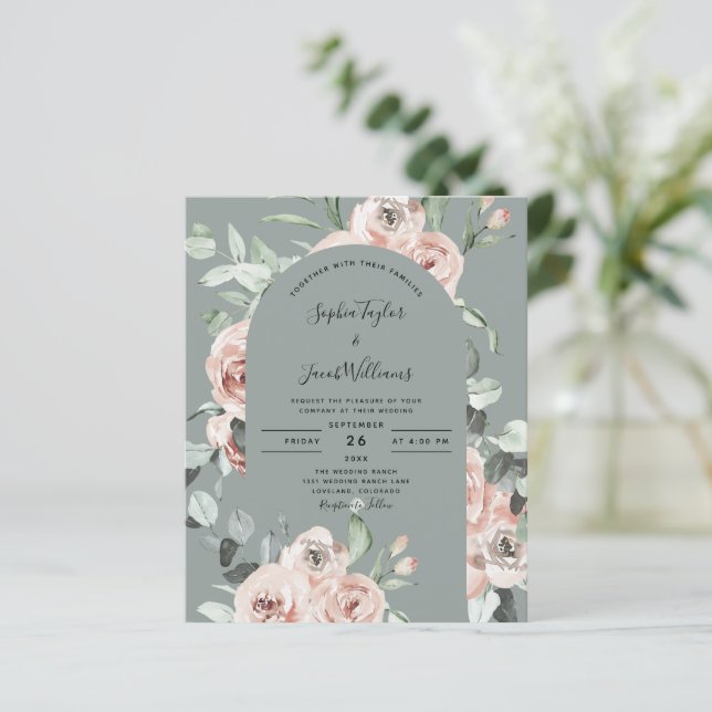 Papier Budget Sage Vert rose Faire-part de mariage Floral (Debout devant)