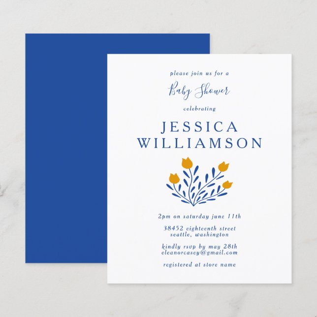Papier Budget Scandi Blue Floral Baby shower Invitation (Devant / Derrière)