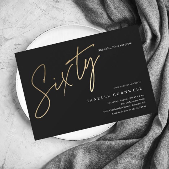 Papier Budget Script Black Gold 60th Birthday Invitation (Créateur téléchargé)