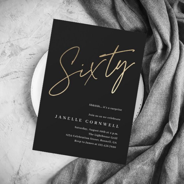 Papier Budget Script Black Gold 60th Birthday Invitation (Créateur téléchargé)