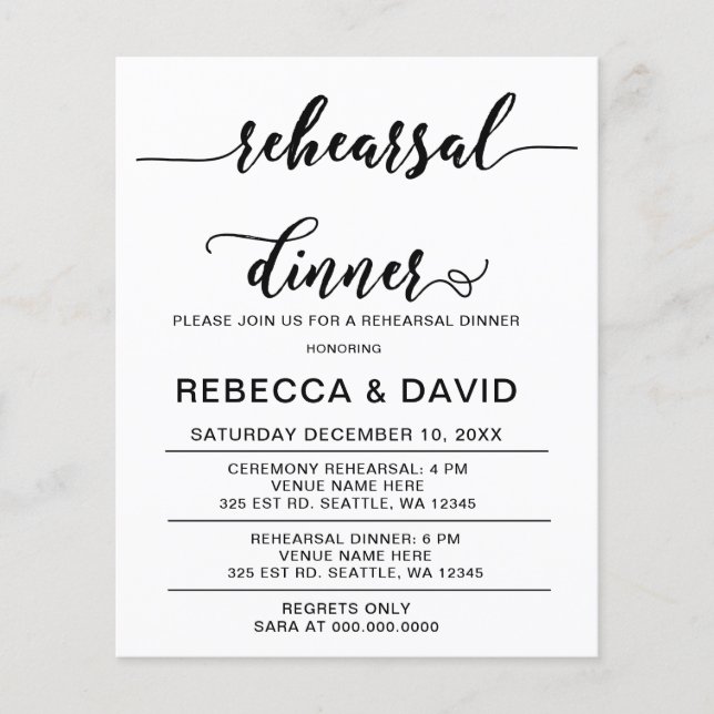 Papier Budget Script Black Rehearer Dîner Invitation (Devant)