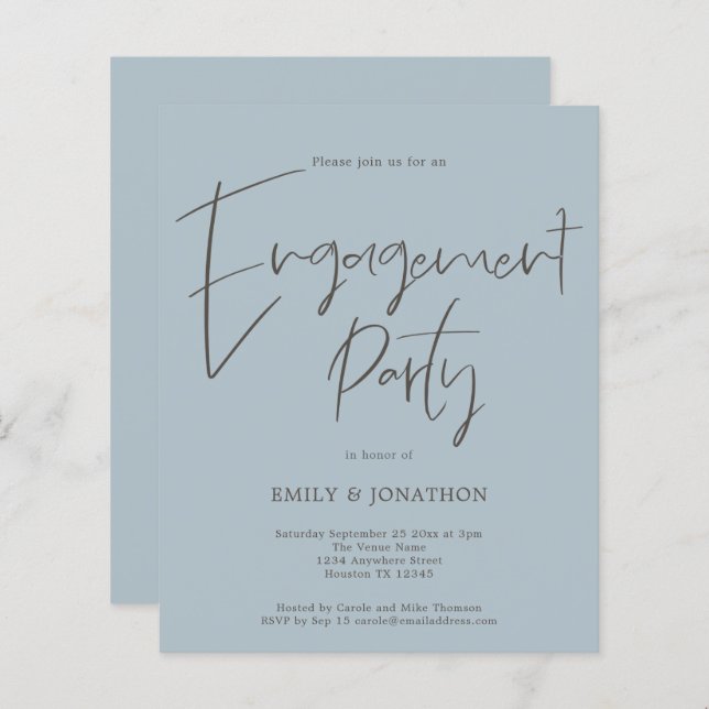 Papier Budget Script Engagement Party Dusty Blue Invitati (Devant / Derrière)
