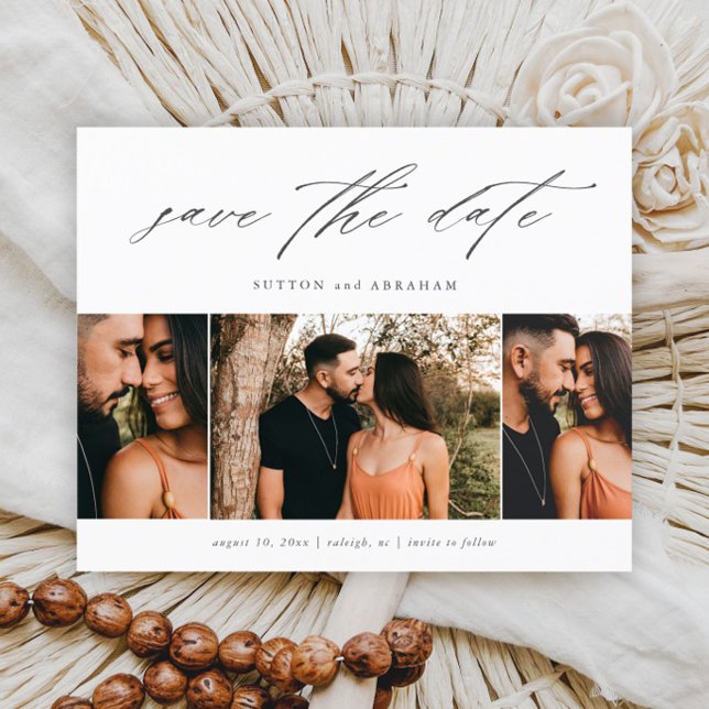 Papier Budget Script Minimal 3 Photo Save The Date  (Elegant script 3 photo wedding save the date cards.)
