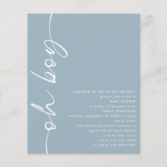 Papier Budget Script Oh Boy Dusty Baby shower bleu (Devant)