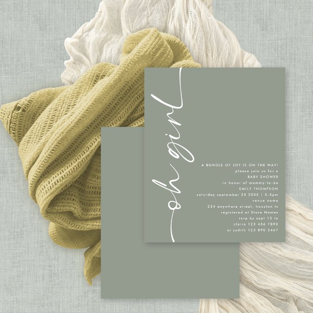 Papier Budget Script Oh Girl Sage Baby shower (Budget price smaller 4.5 x 5.6" alternative)