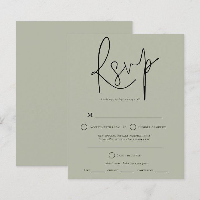 Papier Budget Script Sage Green Wedding RSVP (Devant / Derrière)