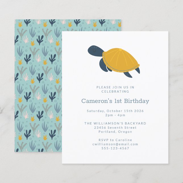 Papier Budget Sea Turtle Simple 1er anniversaire Invitati (Devant / Derrière)