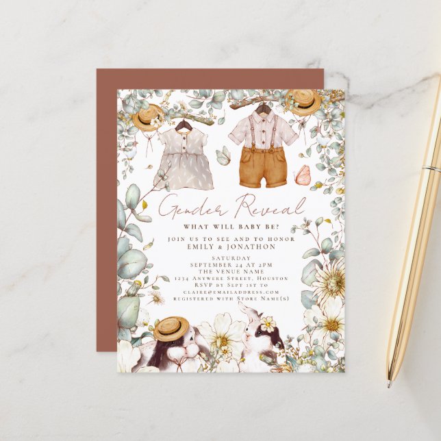 Papier Budget Sexe Révéler Bunny Baby shower Invitation (Devant/Arrière en situation)