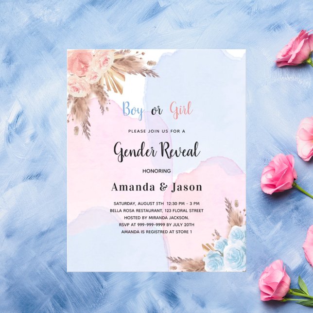 Papier Budget sexe révéler pampas invitation rose bleu ro (Créateur téléchargé)