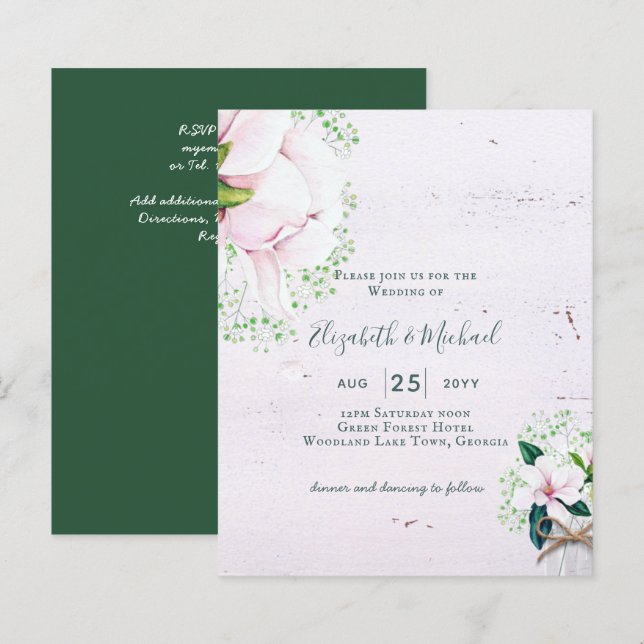 Papier BUDGET Shabby Pink Magnolia Chic Wedding Invitatio (Devant / Derrière)