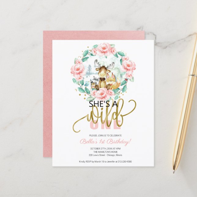 Papier Budget She's A Wild One 1st Birthday Invitation (Devant/Arrière en situation)
