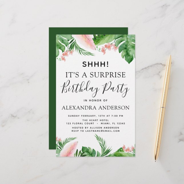 Papier Budget Shhh Surprise Anniversaire Fête Tropical (Devant/Arrière en situation)