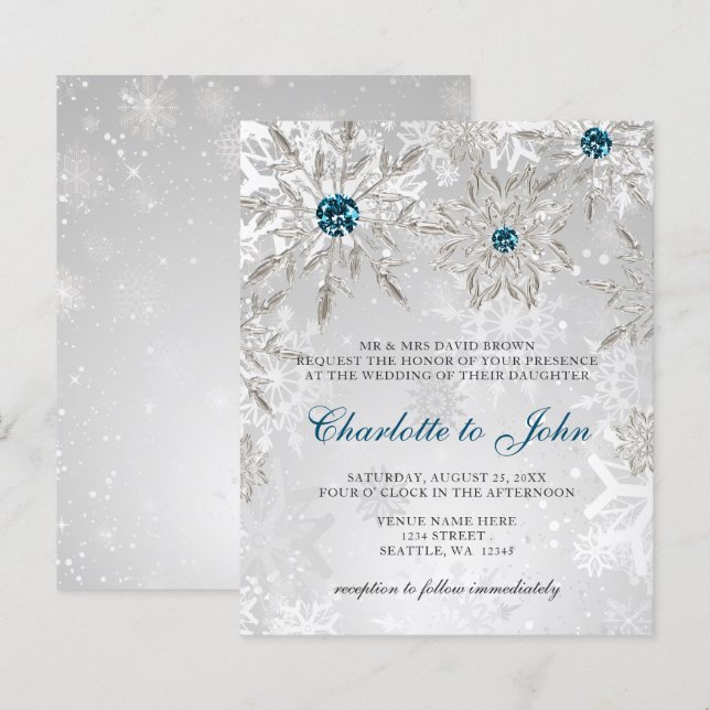 Papier Budget Silver Aqua Snowflakes Faire-part de mariag (Devant / Derrière)