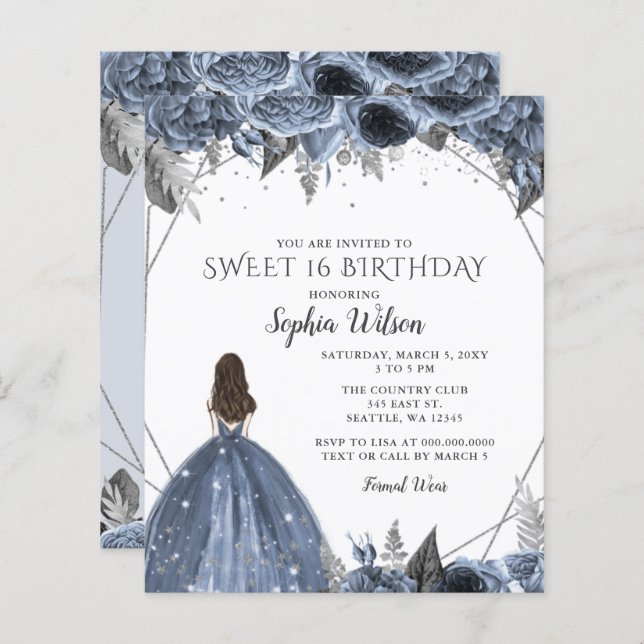 Papier Budget Silver Dusty Blue Robe Sweet 16 Invitation (Devant / Derrière)
