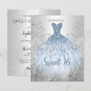 Papier Budget Silver Dusty Blue Robe Sweet 16 Invitation