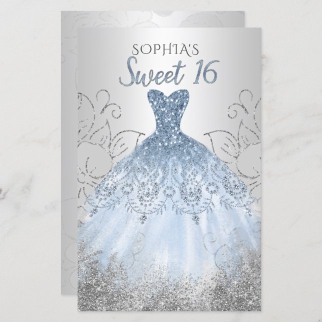 Papier Budget Silver Dusty Blue Robe Sweet 16 Invitation (Devant / Derrière)