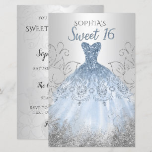 Papier Budget Silver Dusty Blue Robe Sweet 16 Invitation
