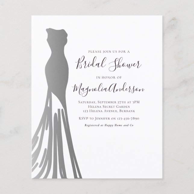 Papier Budget Silver Foiil Robe nuptiale Douche Invitatio (Devant)