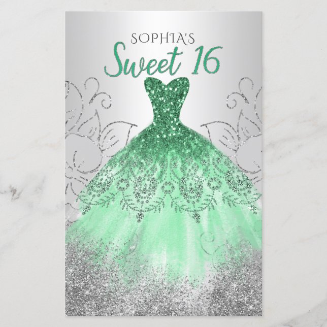 Papier Budget Silver Green Robe Sweet 16 Invitation (Devant)