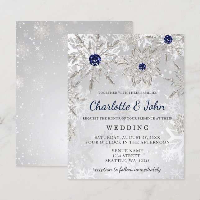Papier Budget Silver Navy Snowflakes Faire-part de mariag (Devant / Derrière)