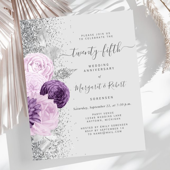 Papier Budget Silver Purple Floral 25th Anniversary Party (Créateur téléchargé)