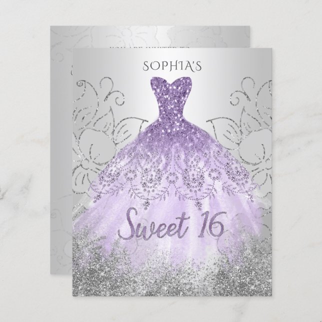 Papier Budget Silver Purple Robe Sweet 16 invitation (Devant / Derrière)
