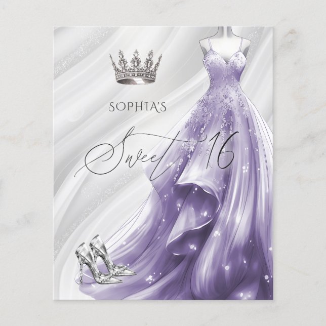 Papier Budget Silver Purple Robe Sweet 16 Invitation (Devant)