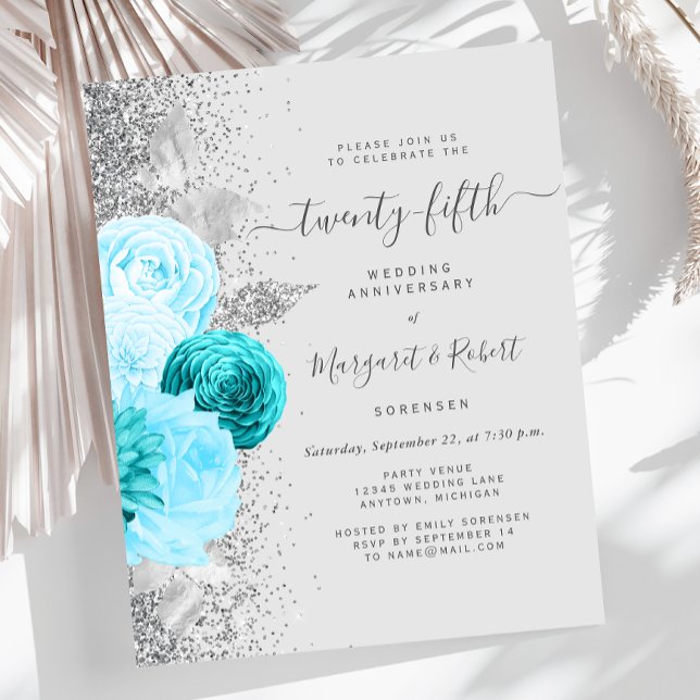 Papier Budget Silver Teal Floral 25th Anniversary Party (Créateur téléchargé)