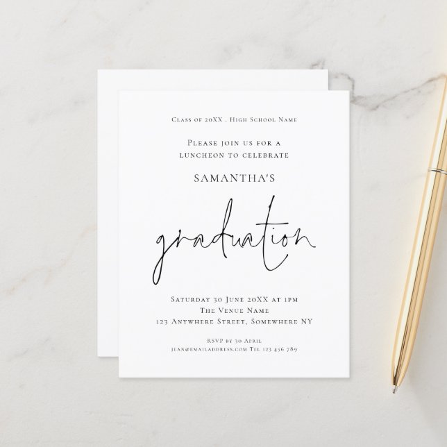 Papier Budget Simple Black White Grad Luncheon Invitation (Devant/Arrière en situation)