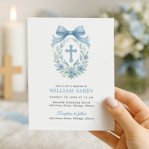 Budget Simple Blue Boy Baptême Invitation avec Bow