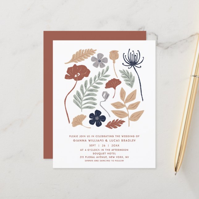 Papier Budget Simple Blue Redwood Flowers Moderne Mariage (Devant/Arrière en situation)