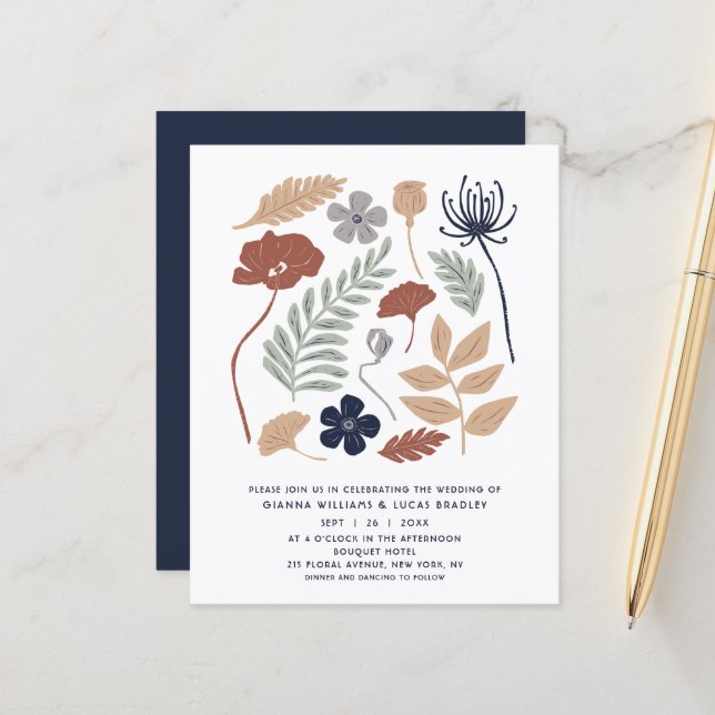 Papier Budget Simple Blue Redwood Flowers Moderne Mariage (Devant/Arrière en situation)