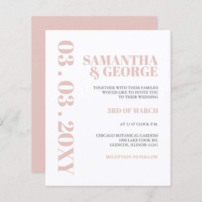 Papier Budget Simple Blush Moderne Faire-part de mariage (Devant / Derrière)