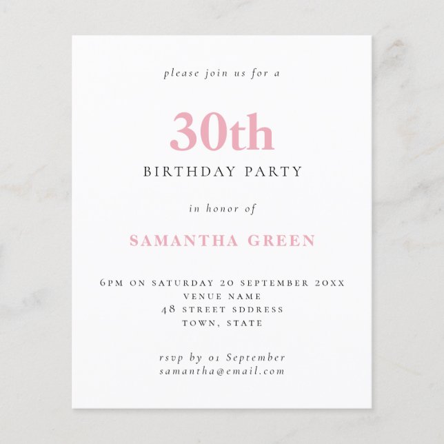 Papier Budget Simple Blush Pink 30e anniversaire Invitati (Devant)
