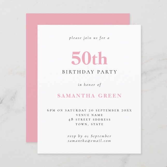 Papier Budget Simple Blush rose 50e anniversaire Invitati (Devant / Derrière)