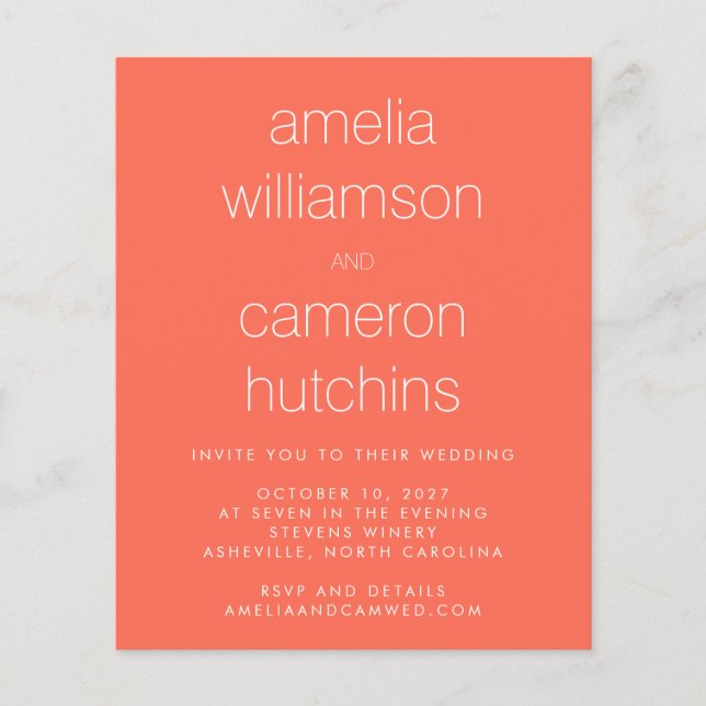 Papier Budget Simple Chic Orange Coral Mariage Invitation (Devant)