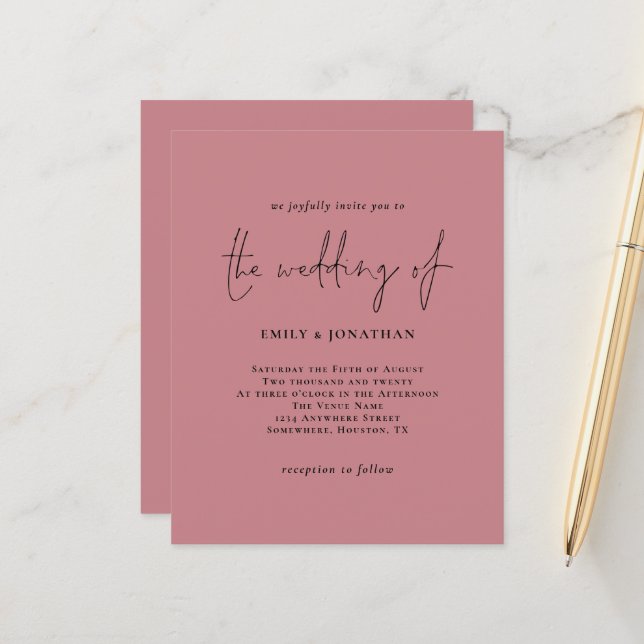 Papier Budget Simple Dusty Rose rose Faire-part de mariag (Devant/Arrière en situation)