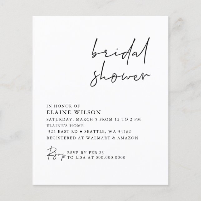 Papier Budget Simple Moderne Invitation De Douche Nuptial (Devant)