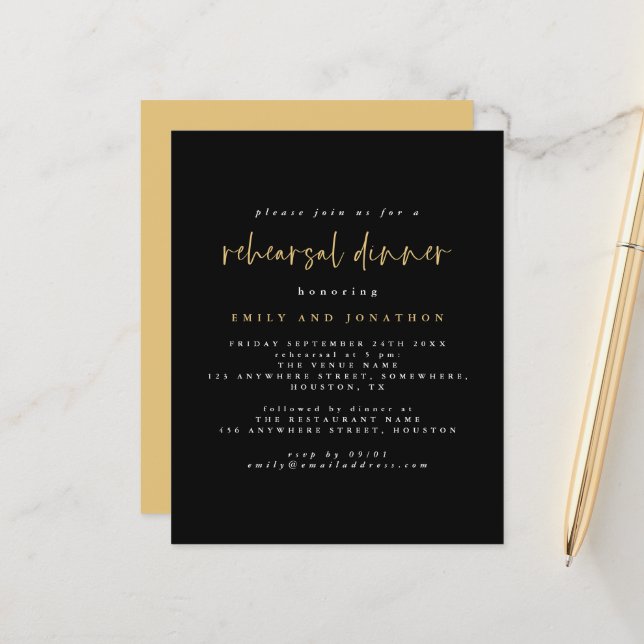 Papier Budget Simple Noir Répétition Dîner Invitation (Devant/Arrière en situation)